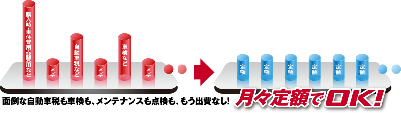 面倒な自動車税も車検も、メンテナンスも点検も、もう出費なし！月々定額でOK！